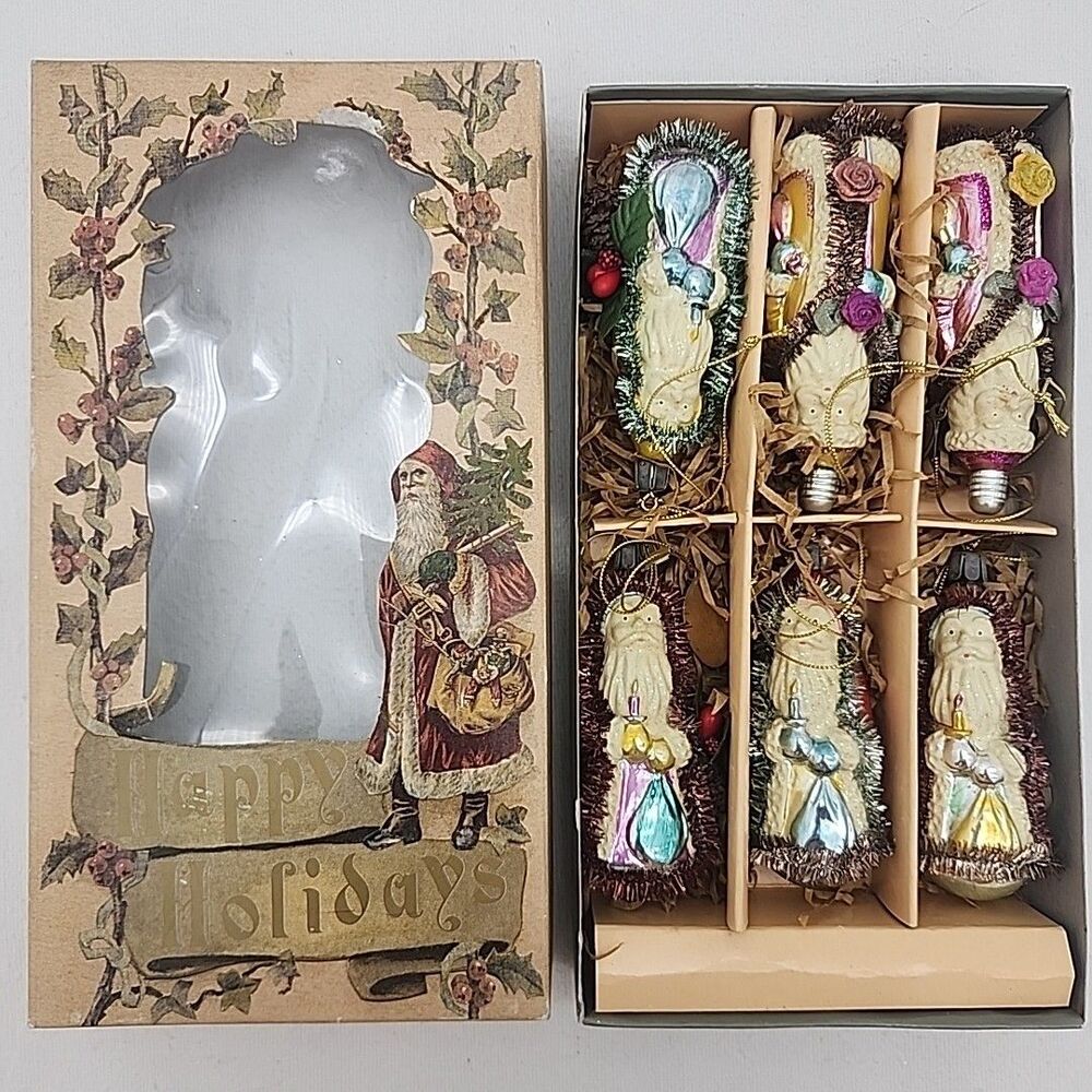 Ornaments Katherines Collection 6 SANTA Christmas with Tags Original Box Vintage